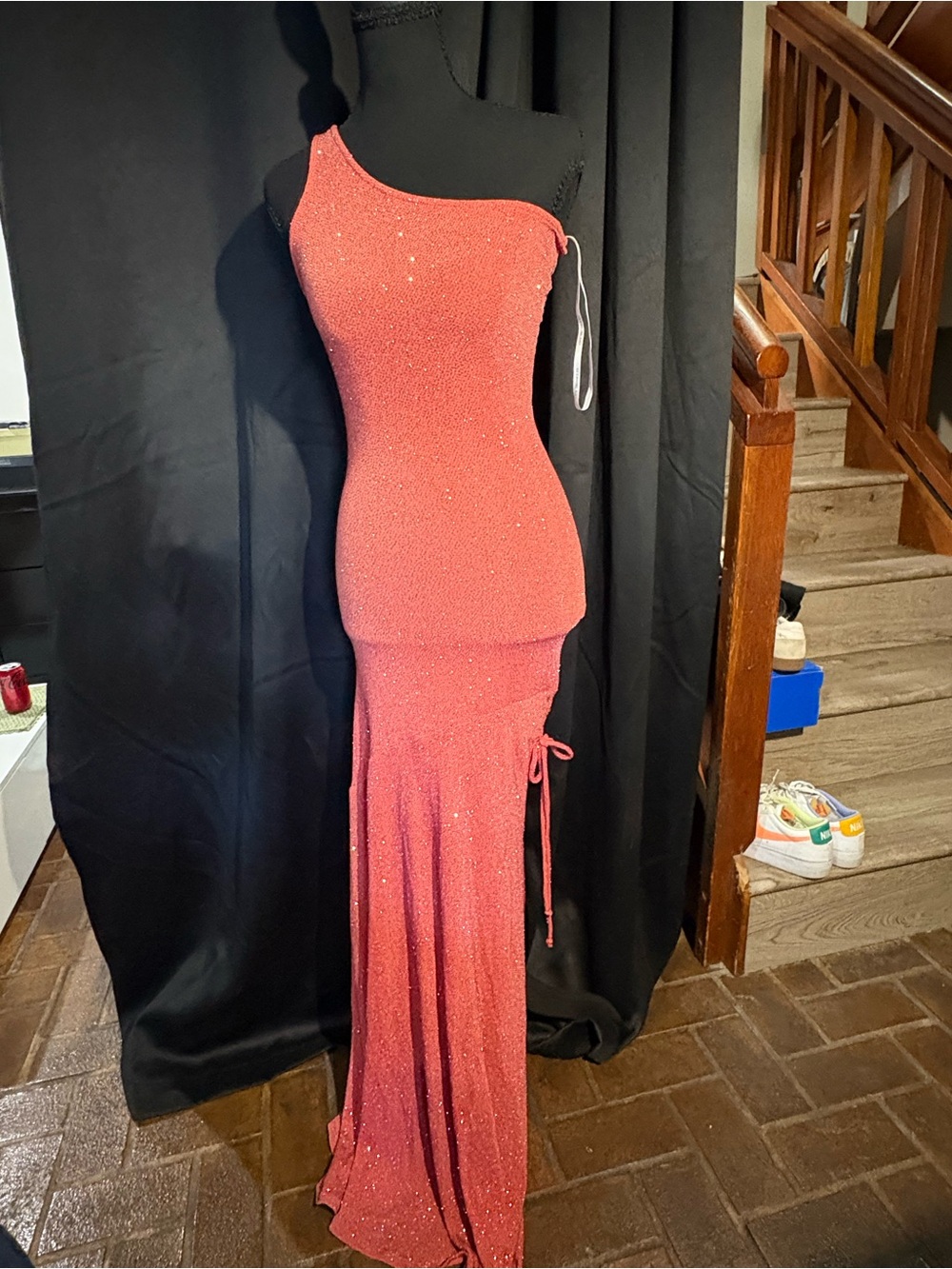 City Triangles Sparkle One-Shoulder Coral Maxi Dress